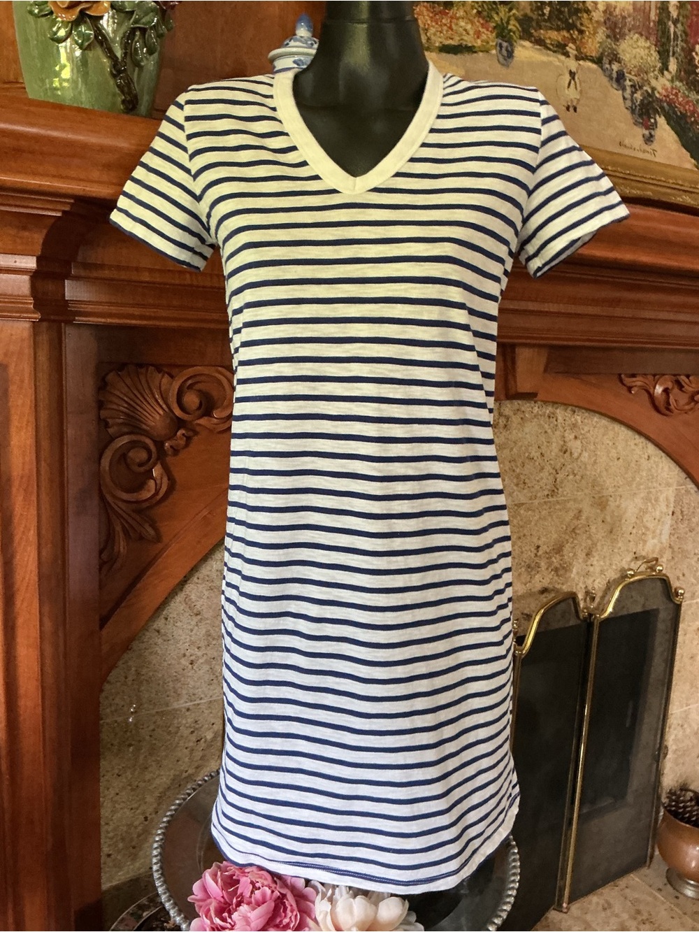 Universal Thread Navy and White Striped V‑Neck T‑Shirt Dress